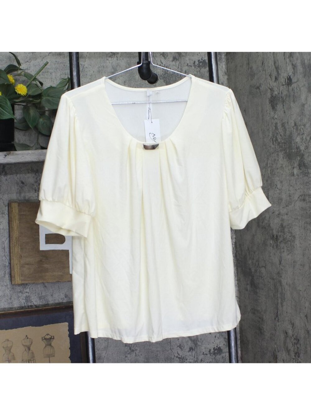 Ny Collection Wide Cuff Jersey Knit Embellished BlouseTop Pristine Off White XL